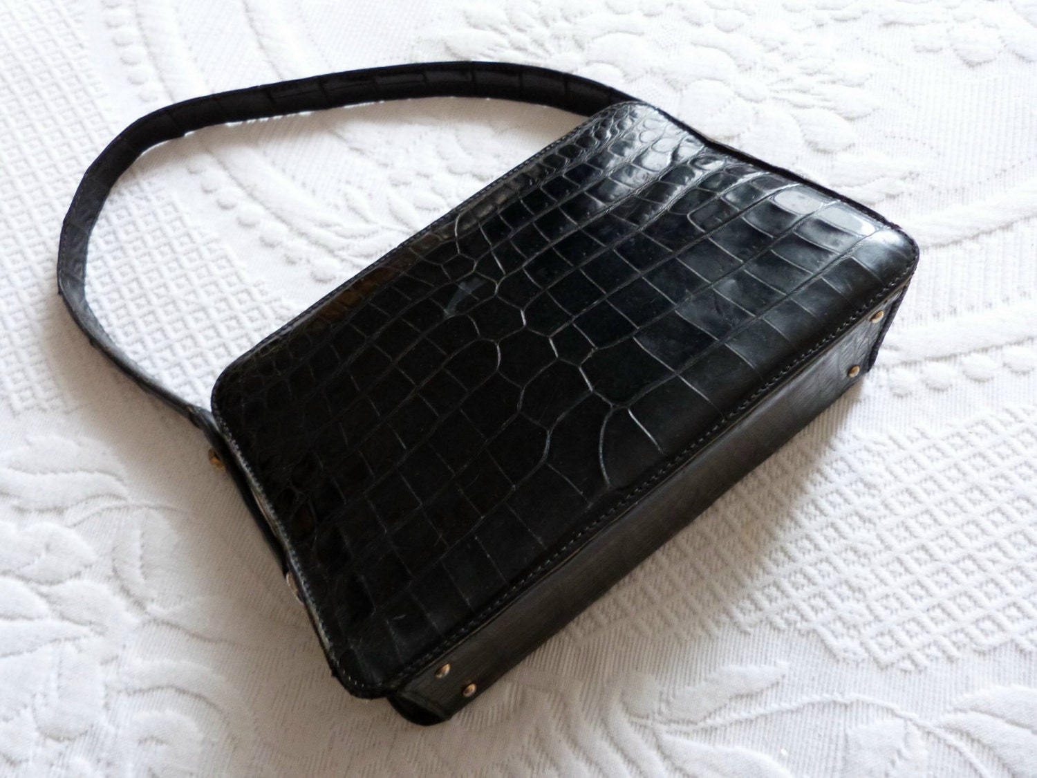 Vintage French black leather crocodile handbag clutch purse bag glossy shoulder bag, fashion mode chic elegant