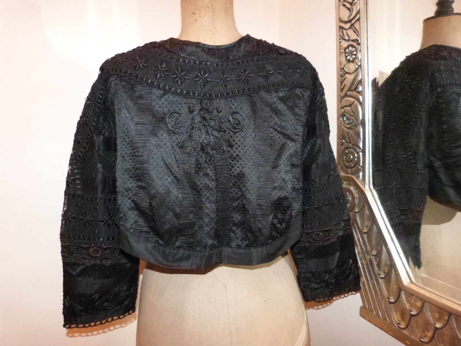 Victorian silk lace blouse jacket Antique French silk jacket w handmade lace, 1800s gothic steampunk clothing