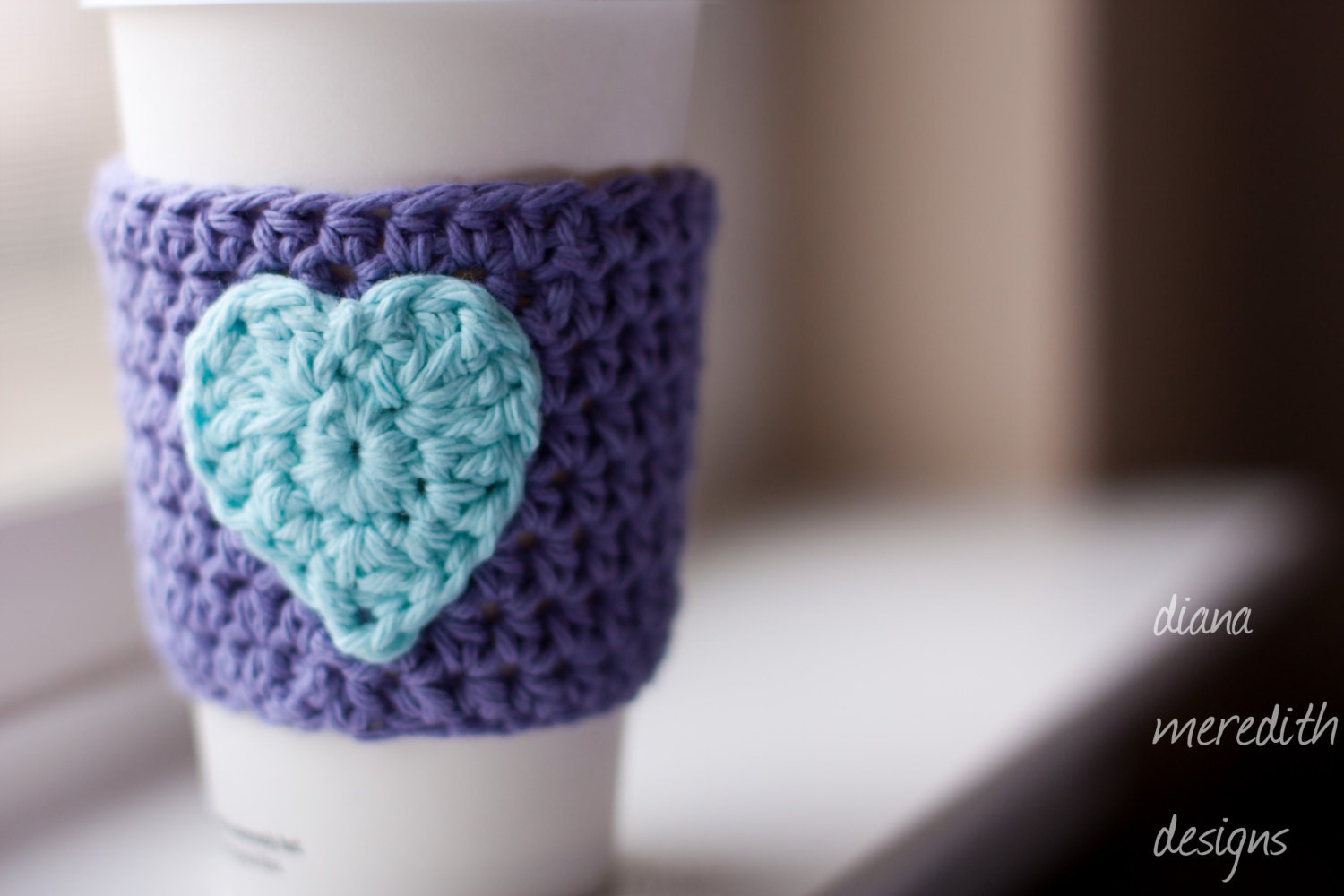Crochet Coffee Cozy - Purple with Robin's Egg Blue Heart