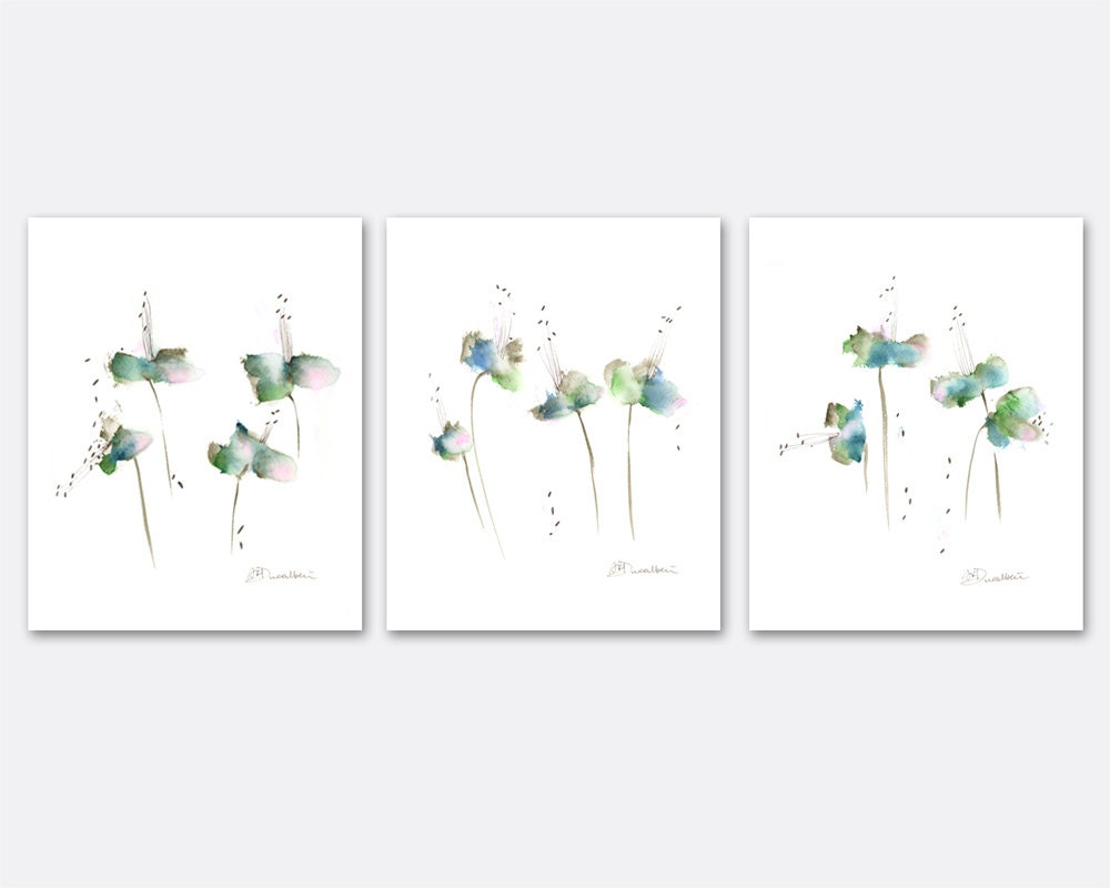 Emerald green 8x10 Flower Watercolor Print Set Abstract Botanicals gift for her art for bedroom