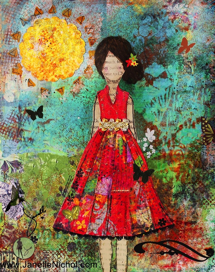 16X20 Unique and whimsical Abstract Folk Art by Janelle Nichol Let The Sun Shine In
