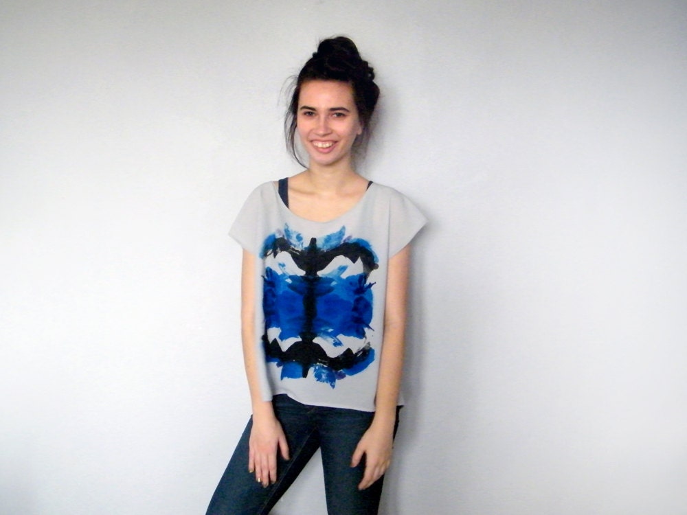Geometric Galaxy Sheer Blouse - Oversized Caftan Tunic Top Gray Chiffon Black Blue Abstract Print Geometric Galaxy Kaleidoscope Shirt Tee