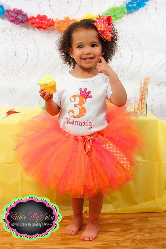 Hot Pink and Orange Polka Dot Number Crown Birthday Tutu Outfit