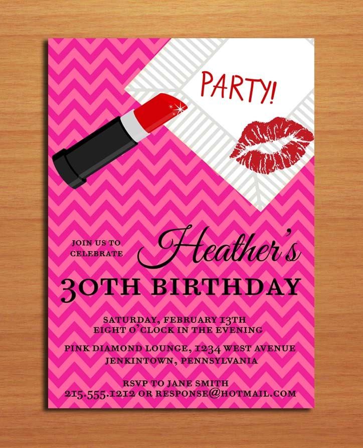 Lipstick Diva / 30th Birthday / Customized Printable Adult Birthday Party Invitation Cards DIY