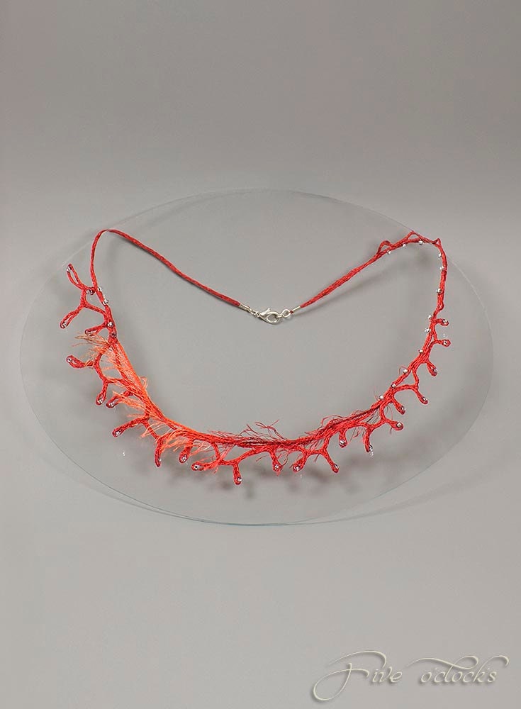 Fine linen red coral necklace for summer cocktail.  Textile art necklace with sea motives for nautical or beach wedding party.