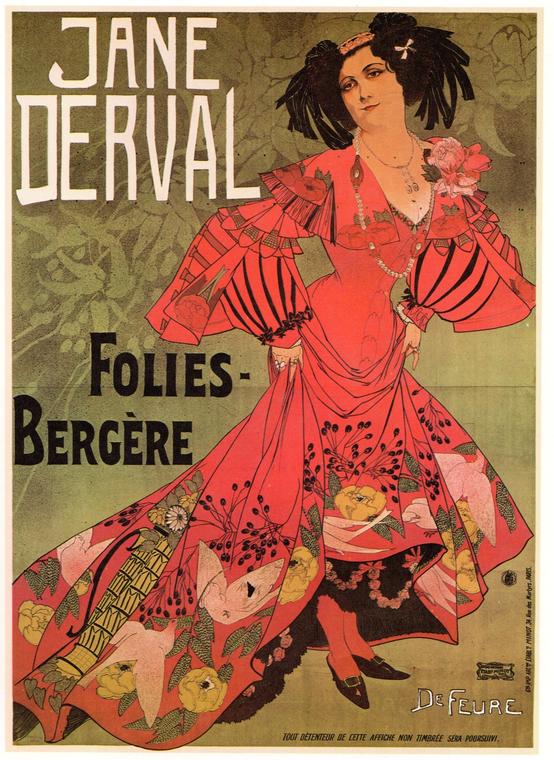 Jane Derval. Vintage French Poster. 9.5" x 13". Folies-Bergere. Yvette Guilbert