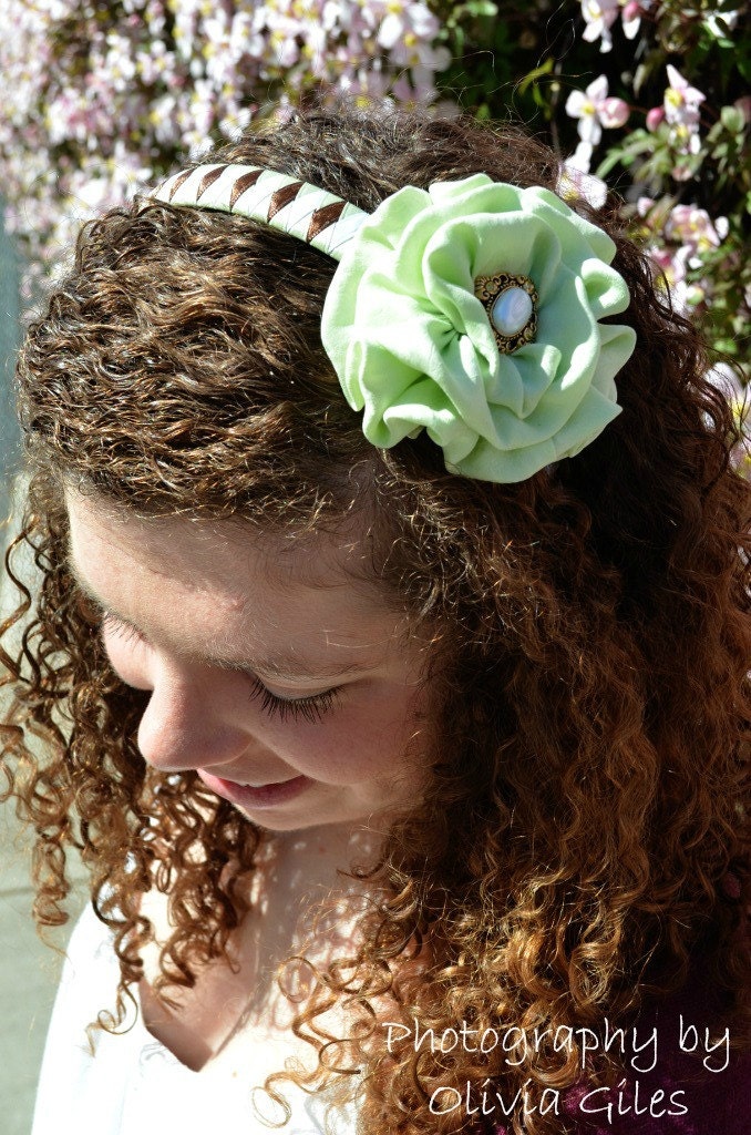 On Sale Mint Green Flower Headband/Combo, woven headband, flower clip, handmade, ready to ship