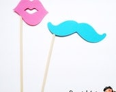 24 Mustache and Lips on a Stick - Photo Booth Props - Blue Mustaches and Pink Lips - Gender Reveal Party - Baby Shower Il_170x135