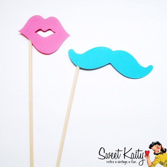 24 Mustache and Lips on a Stick - Photo Booth Props - Blue Mustaches and Pink Lips - Gender Reveal Party - Baby Shower Il_570xn