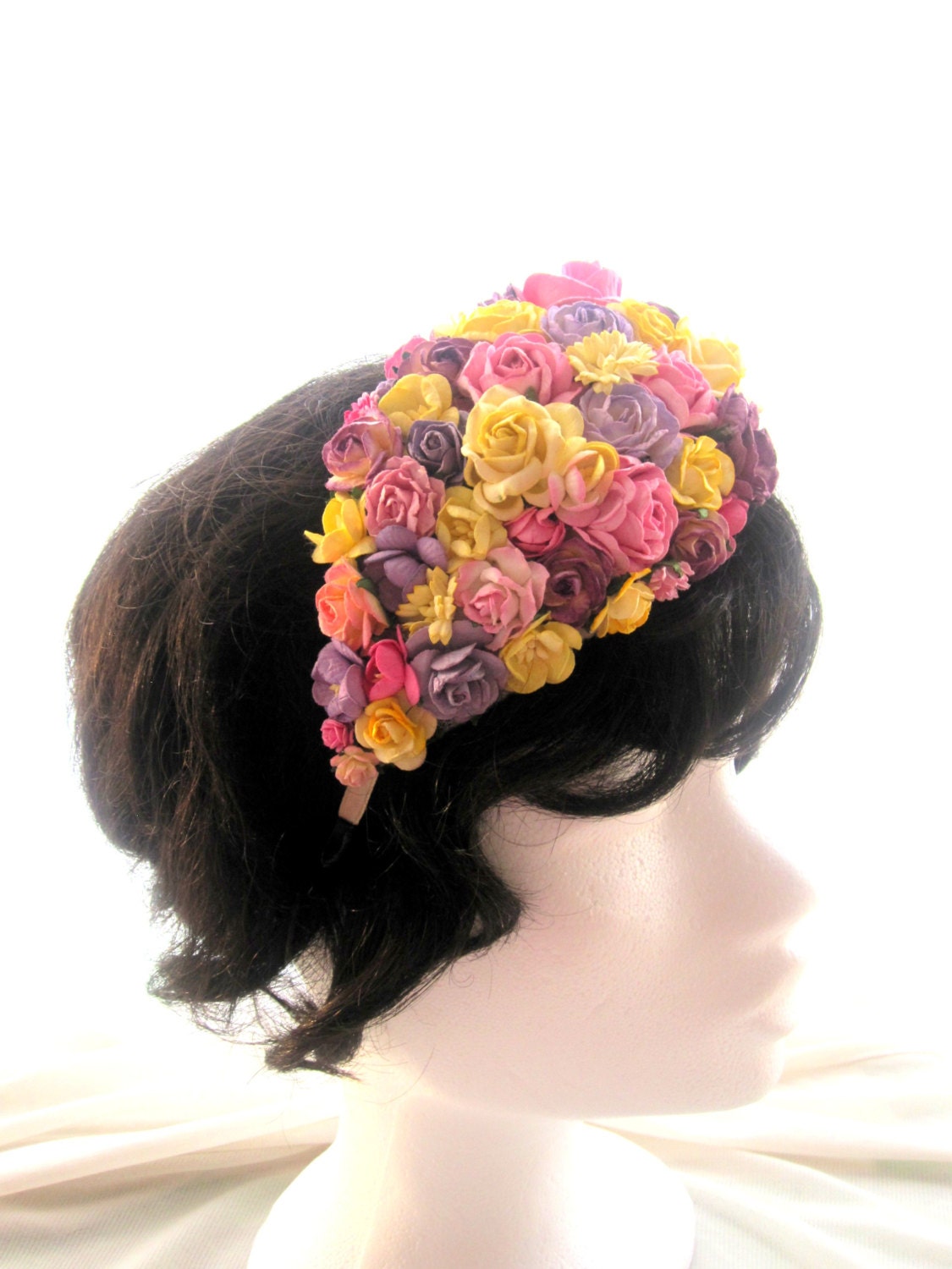 Vintage look bridal floral hat in lavender, yellow and blush. Perfect for bridesmaids or flowergirls