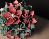 Teal and Pink Patterned with Rhinestones Origami Paper Flower Bouquet - Wedding, Bridal, Decoration, Centerpeice, Dozen, Set of 12
