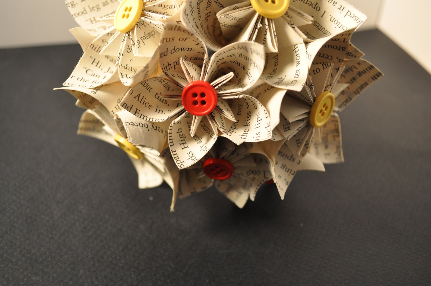 Text Patterned with Red and Yellow Buttons Origami Paper Flower Bouquet - Wedding, Bridal, Decoration, Twilight, Centerpeice, Set of 10