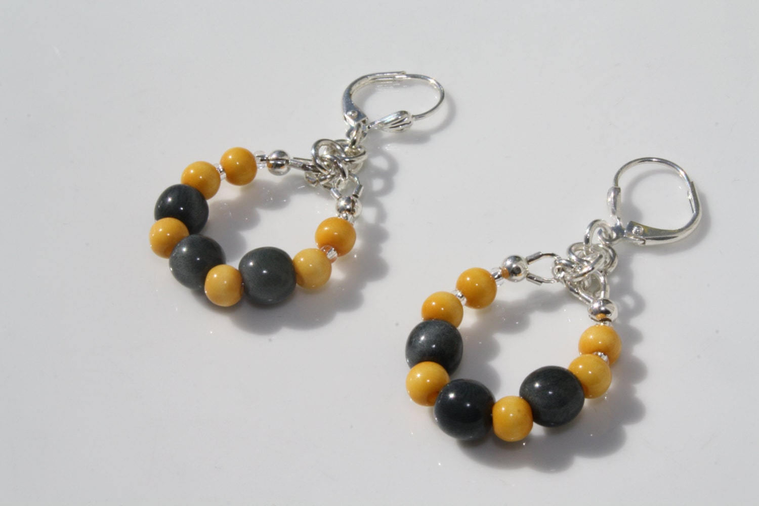 Silver Bright Yellow and Dark Gray Tagua Nut Hoop Earrings