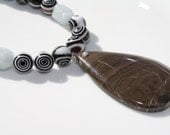 Brown and White Necklace with Aquamarine and Chocolate Jasper Pendant