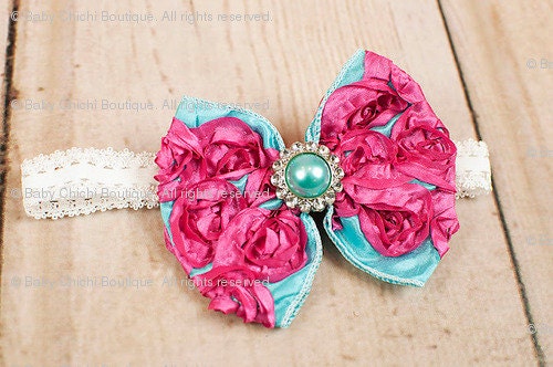 Rosette Hair Bow - Turquoise and Hot Pink Ribbon with Rhinestone Center - Includes White Lace Headband
