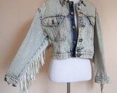 Vintage Jean Jacket with Leather Fringe, Acid Wash, Small Medium, Deadstock, With Original Tags