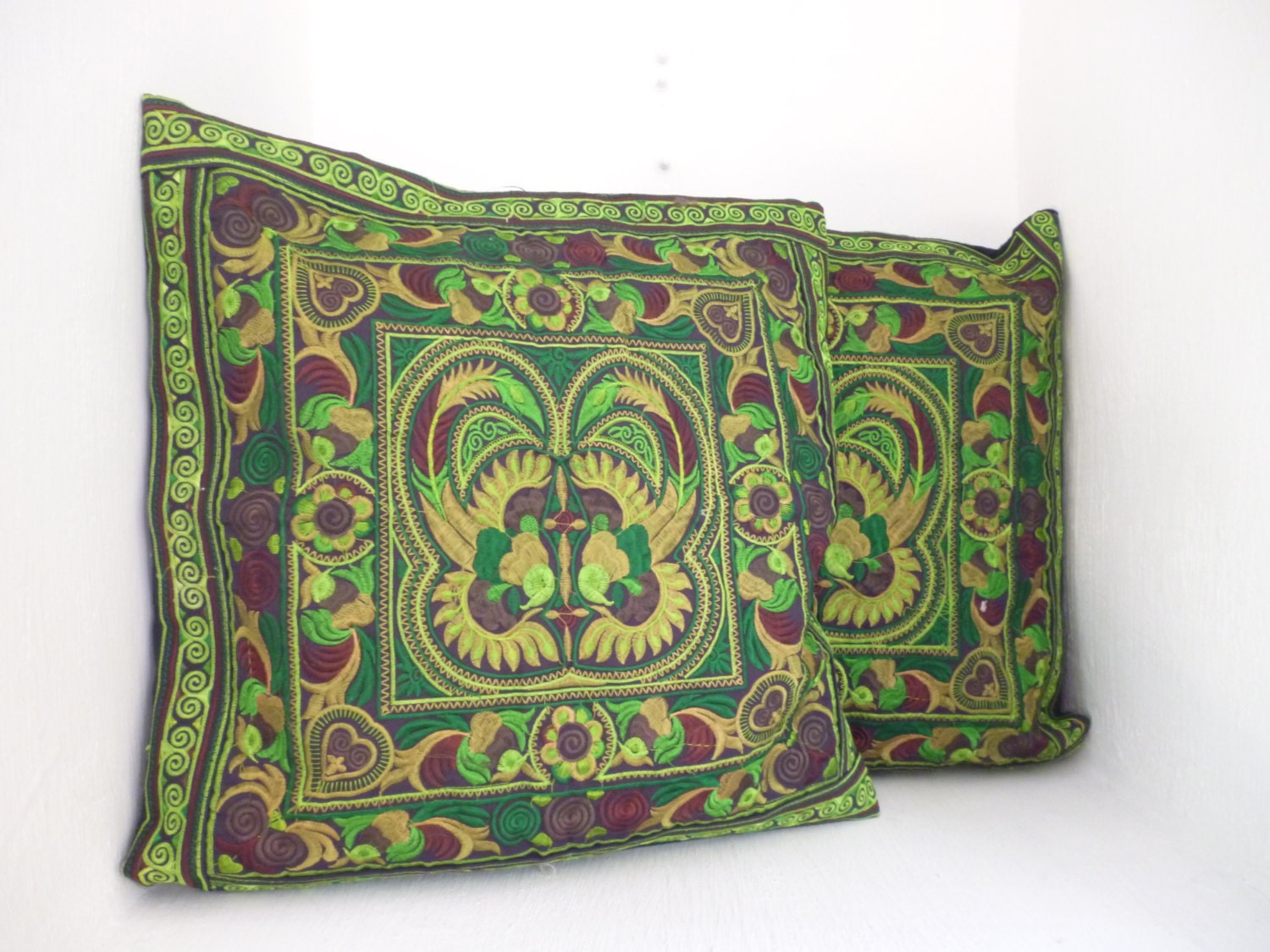 Set Green Bird 2 Cushions Cover  HMONG HillTribe Thailand FAIR Trade Handmade (CS011-GB2)