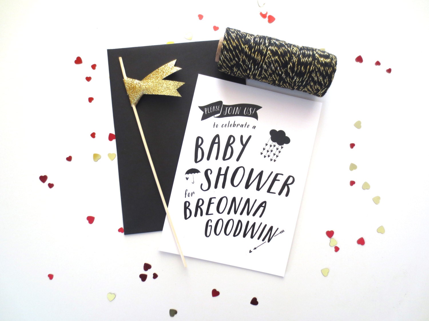 Shower Invitation Baby or Bridal Rain & Umbrella Theme Black and White