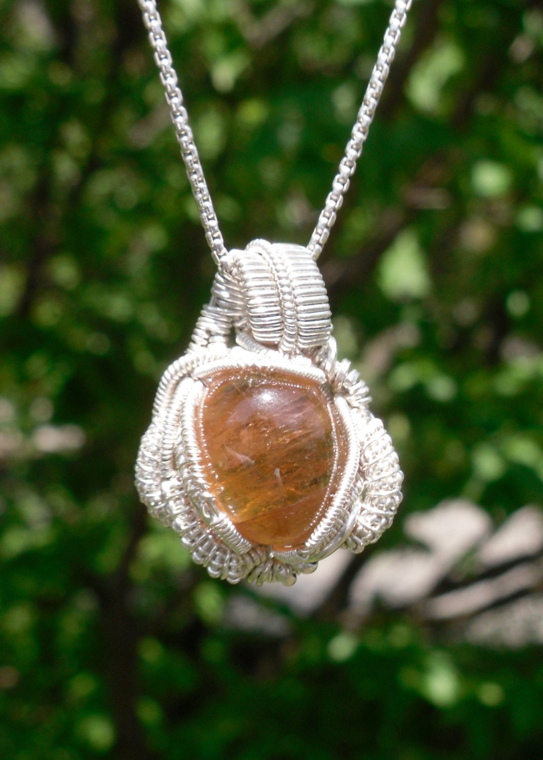 Peach Tourmaline Cabochon Wire Wrapped Pendant .925 Sterling Silver