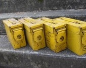 Collection of 4  Metal Ammo Bin or Industrial Storage Container Metal Storage Locking Box Yellow