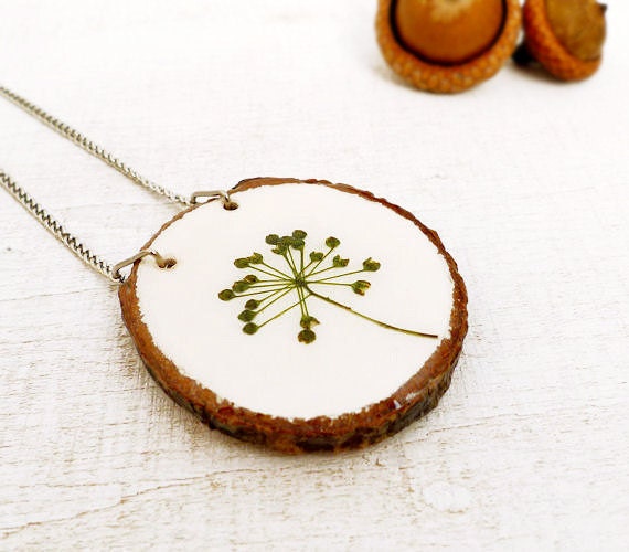 Pressed Flower Wood Pendant - Handmade pressed flower jewelry for nature lovers