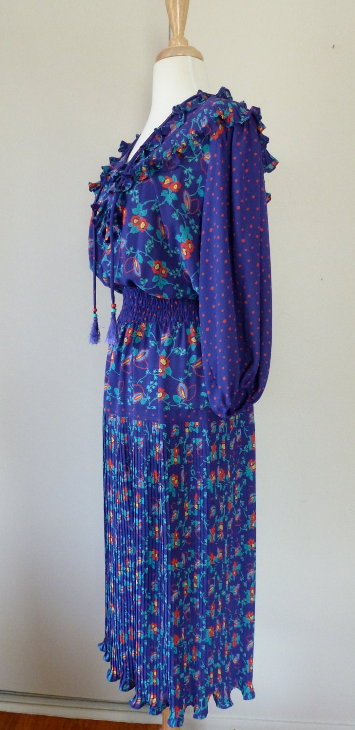 80's Diane Freis Indigo Gypsy Boho Floral Print Dress M L