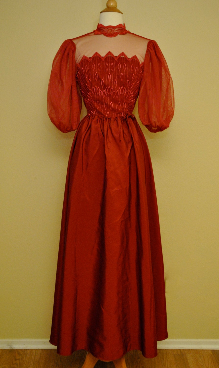 Vintage Prom Dress in Dark Wine Red - Puffed Sleeves Full Length Formal Gown with Lace Detail