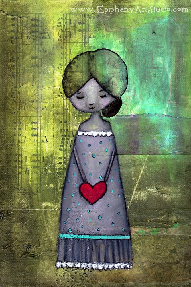 Fine Art Print - Grungy Whimsical 8" x 12" Giclee OR Mounted Print, Green Positive Peaceful Inspirational Decor Wall Art - "Heartsong"