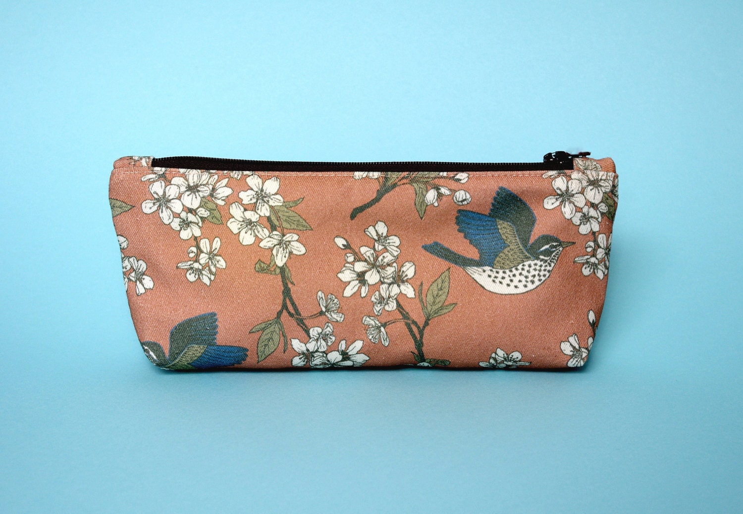 Orange Pencil Case Bird Pattern