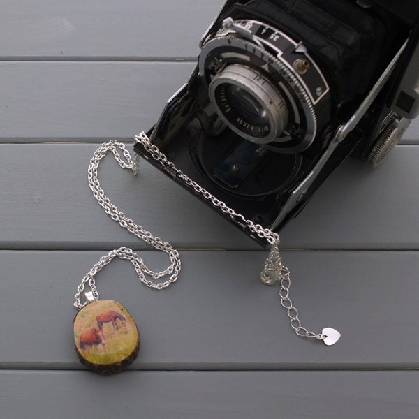 Horse photo pendant, wood necklace, photo jewelry, equestrian, handmade pendant from real tree branch