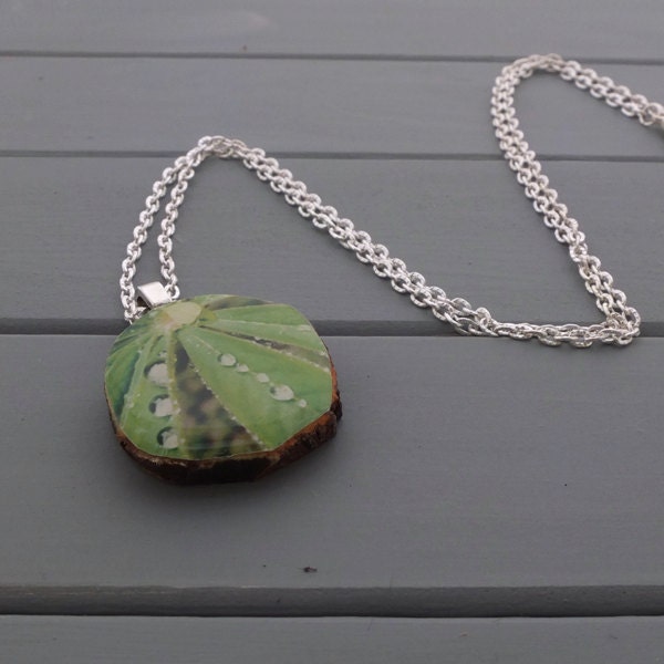 Raindrops, greenery, wood necklace, photo jewelry, handmade pendant from real tree branch
