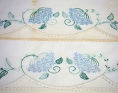 Pair Embroidered Pillowcases // Vintage Forget-me-not Blue Flower Embroidery Pillow Cases with Lace Crochet Edge