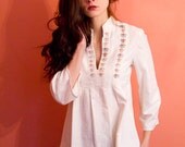70's Flower Blouse Hippie Boho Bohemian Ethnic Gypsy Floral Bell Sleeve Collar Printed Stamped Flowers Small Medium