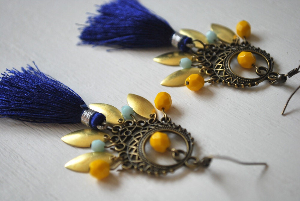 Anthropologie inspired earrings - Statement earrings - Blue tassel statement earrings - tassel earrings