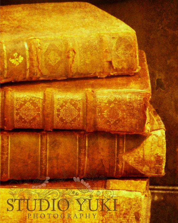 Vintage Book Photograph- Textured Golden Red Stack of Books - Words of Wisdom