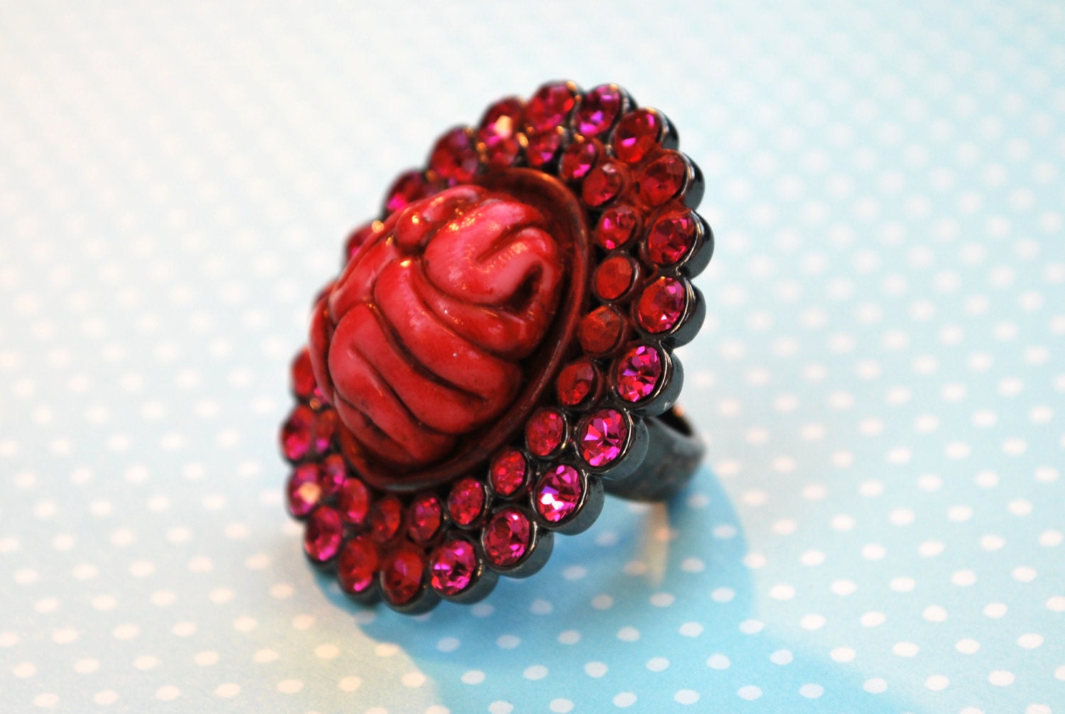 Zombie brain pink diamante cocktail ring