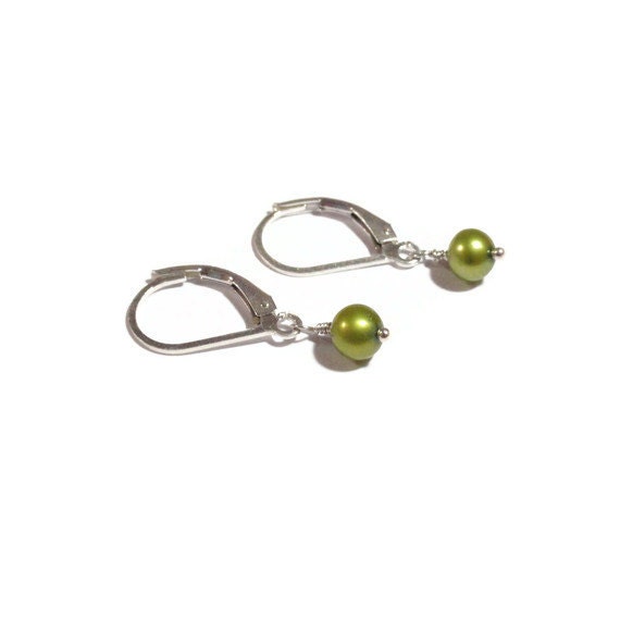 Little Girl Earrings, Green Pearl Leverbacks Sterling Silver, Flower Girl Gift