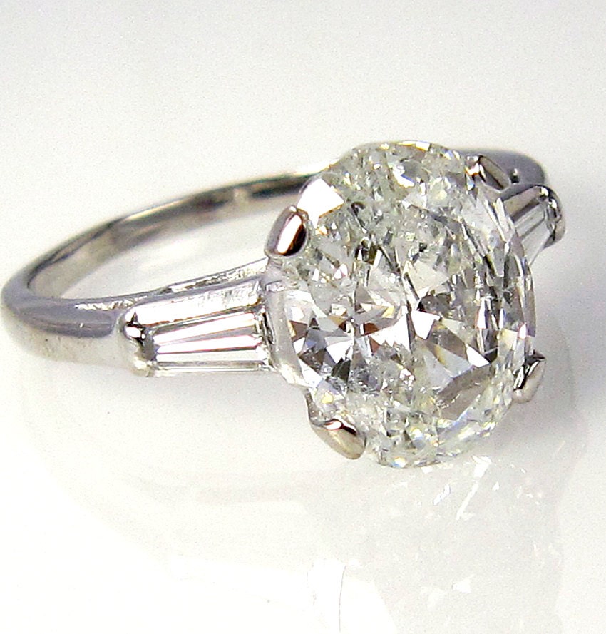 Rare..Estate Vintage 2.70ct Classic OVAL Cut Diamond EGL USA Engagement Ring in Platinum with Baguettes, Circa 1960