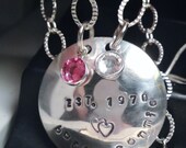 Mother's Necklace - 1 1/4 inch Sterling Silver Disk hand stamped with 2 Swarovski Crystal Birthstones on a Double loop chain