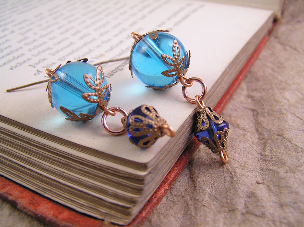 Blue glass dangle earrings. Cobalt blue & copper. Victorian style handmade jewelry