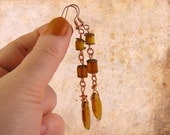 Orange Dangle earrings. Glass bead long dangles with copper. Vintage style jewelry. Victorian steampunk