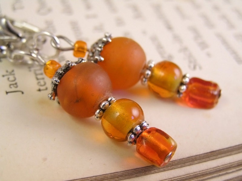 Orange Dangle earrings. Victorian style glass lever-back. Orange sherbet Handmade jewelry