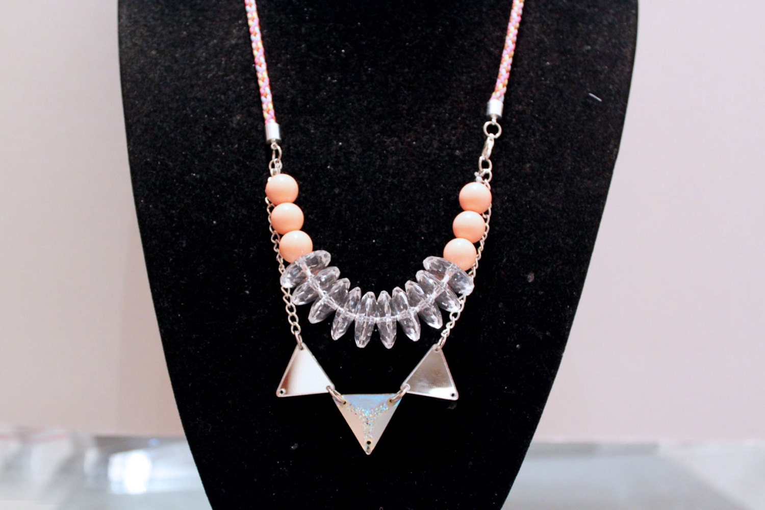 Galatica, triangle necklace with peach stones and triangles, iridescent, statement necklace, boho chic, tribal inspired