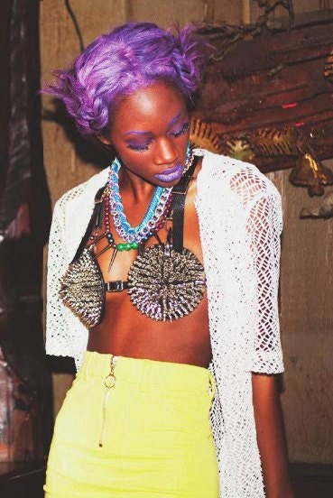 TheMyth, statement necklace, bib necklace, seapunk long studs rainbow iridescent beads, mermaid style, chunky  statement OOAK necklace