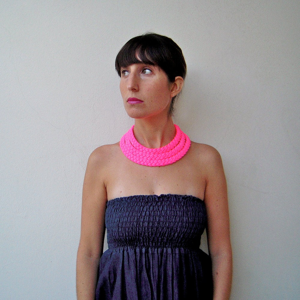 The triple braid necklace - handmade in neon pink fabric