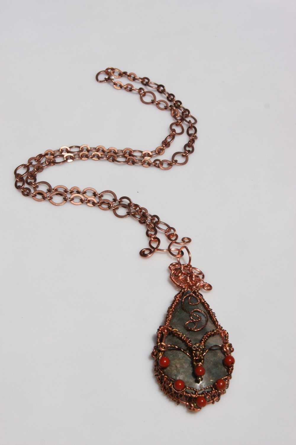 Pendant necklace, copper wire wrap, indian,Hindi,  tear drop, olive, orange, filligree, statement necklace, Wedding, Bridal