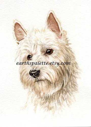 West highland terrier dog painting 5x7 print from original watercolor painting westie pet portrait home decor earthspalette