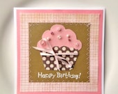 CUPCAKE Birthday Card, Handmade Greeting Card for Her, Sprinkles, Sewn Cards, Stitched, Happy Birthday Stamp Embossed, Women Girls
