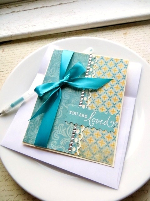 YOU ARE LOVED Handmade Card, Blank Greeting Card for her, Turquoise Blue and Yellow, Stamp Embossed, Satin Bow Ribbon, Women
