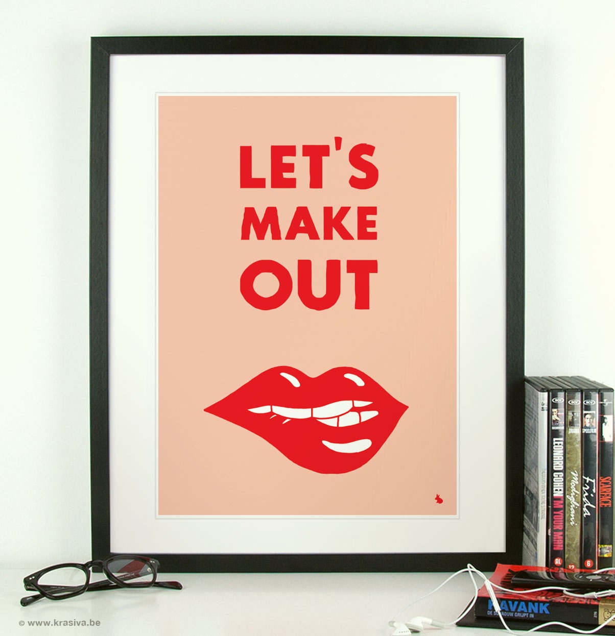 Red lips biting pink poster print art - Let's make out - A3